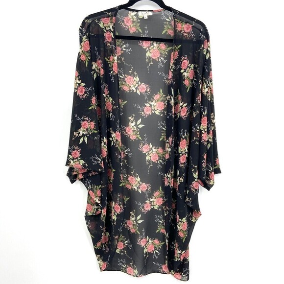 LA MIEL Black Floral Print Oversized Sheer Dolman Sleeve Cardigan Size Large - Picture 1 of 4